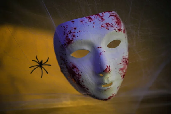 Color Image White Mask Painted Blood Some Spiderwebs Spider Halloween — Stock Photo, Image
