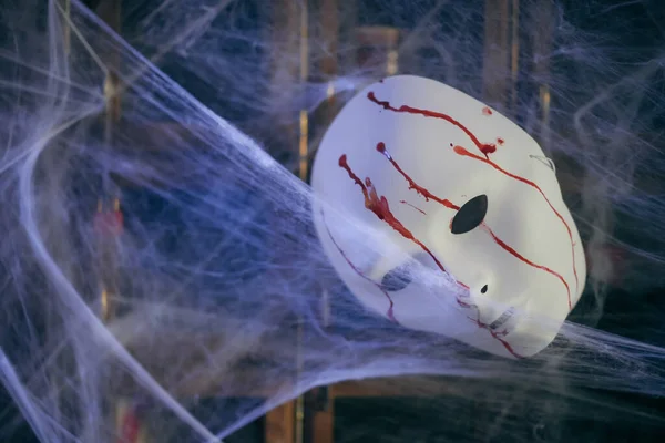 Color Image White Mask Painted Blood Some Spiderwebs Spider Halloween — Stock Photo, Image