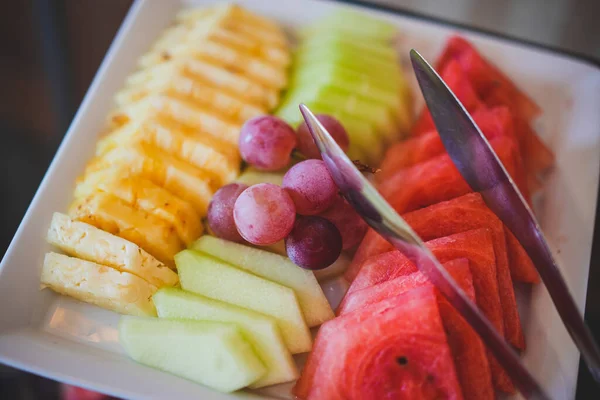 Sliced Fruit Mix Plate Orange Watermelon Grape — Stock Photo, Image