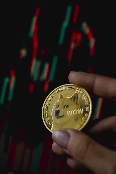 Hand Hält Eine Goldene Dogecoin Kryptowährungsmünze Mit Kerzenständer Diagramm Und — Stockfoto