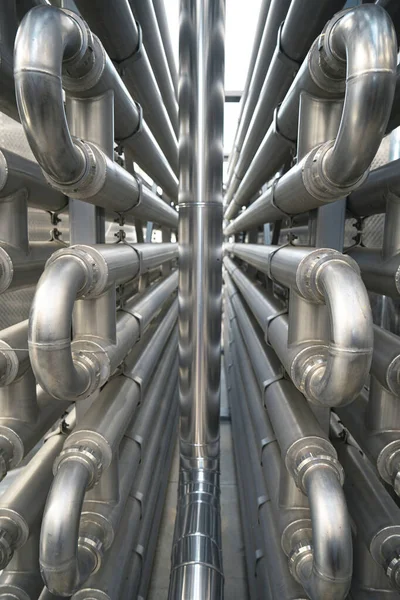Close up shot of many alloy inox pipes in a factory.