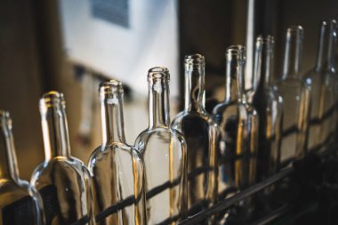 Bir içki şişeleme fabrikasında, taşıyıcı banttaki boş cam şişeler..