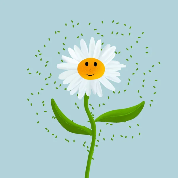 White daisy face illustration on blue background.
