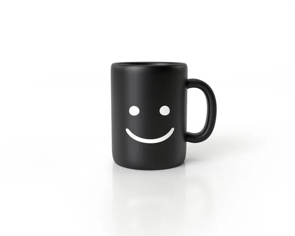 Ceramiczny Czarny Kubek Kawy Rysunkiem Twarzy Uśmiech Trójwymiarowa Ilustracja — Zdjęcie stockowe