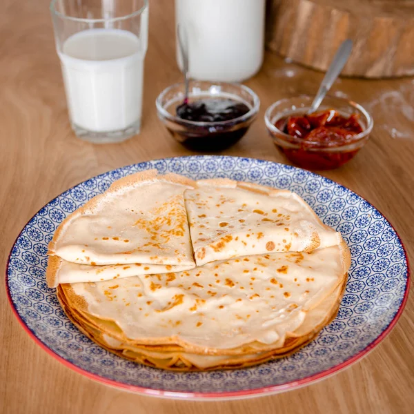 Pancakes Thin Pancakes Colorful Plate Table Milk Jam — Stok fotoğraf