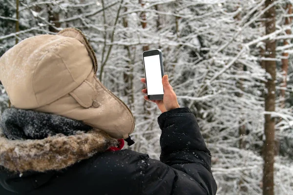 Woman with the phone in the hand, winter in the forest. Smart phone with blank screen in hand, woman looking at the screen.