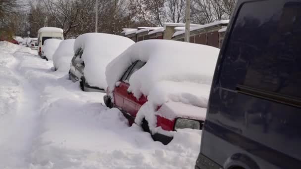 Машина Під Товстою Ковдрою Снігу Після Шторму Транспортні Засоби Поховані — стокове відео