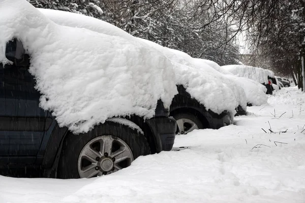 Araba Kalın Kar Örtüsü Altında Fırtına Üstüne Fırtına Araçlar Buzun — Stok fotoğraf