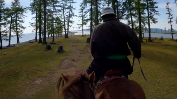 コブスゴル モンゴル 2022年9月 遊牧民の男が湖の岸に馬に乗って 地平線の雲と青空 馬の後ろに野生動物 水と山を歩く — ストック動画
