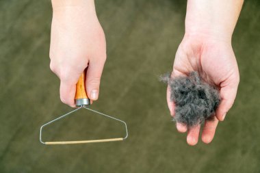 Toz yumağı ve halı kazıyıcı aletle el ele tutuşun. Halı temizleme cihazı ve avuç içindeki toprak yığını.