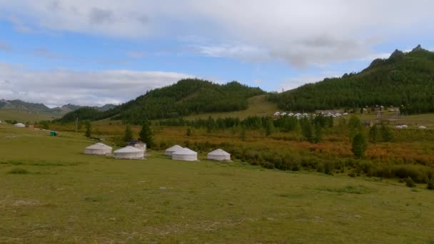 Yurt Camp Beautiful Sunny Day Mongolia Ger Campsite Rural Country — Stock Video
