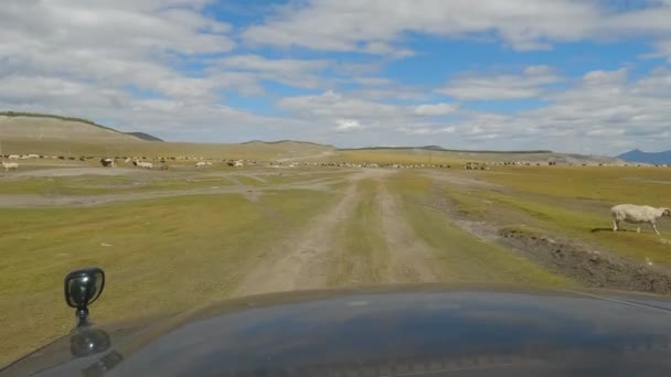 越野车在蒙古荒原的陡峭岩石山中开进狩猎探险 — 图库视频影像