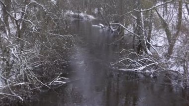River flowing between trees on a cold winter day. Water stream in woodland after snow 