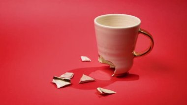 Broken tea cup isolated on red background. Cracked coffee mug and fragile ceramic pieces 