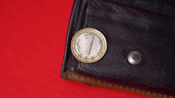 Болгарська Лев Монета Червоному Тлі Порожній Гаманець Задньому Плані Інфляція — стокове відео