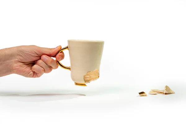 Man Holding Broken Tea Cup Isolated White Background Close Arm — Fotografia de Stock