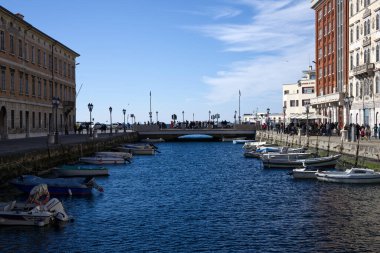 Trieste, İtalya. Güneşli bir günde Trieste şehir merkezinin manzarası..