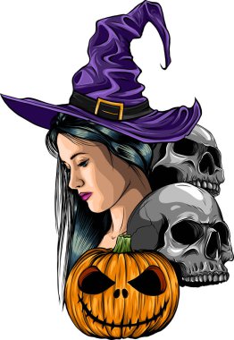 Halloween with witch skull and pumpkin