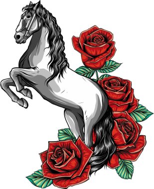 illustration of White Horse with red rose