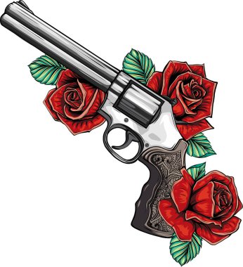 Gun and rose colored illustration for tattoo and design T-shirts and other items. Old school sketch on a white background.