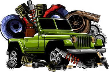 vintage jeep car service, store of spare parts retro car