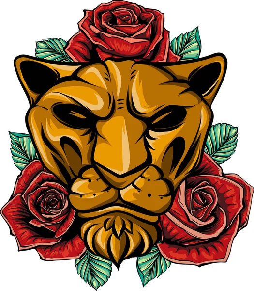 Λιοντάρι Τριαντάφυλλα Και Φύλλα Εικονογράφηση Αφρικάνικο Κεφάλι Λιονταριού Εικονογράφηση Διανύσματος — Διανυσματικό Αρχείο
