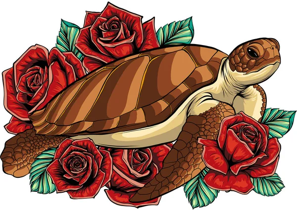 Ilustração Tartaruga Marinha Com Rosas — Vetor de Stock