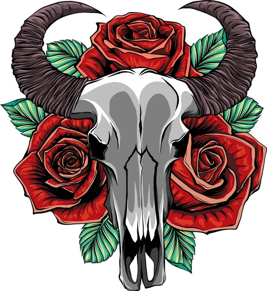Crâne Taureau Avec Des Roses Sur Tête Des Plumes Suspendues — Image vectorielle