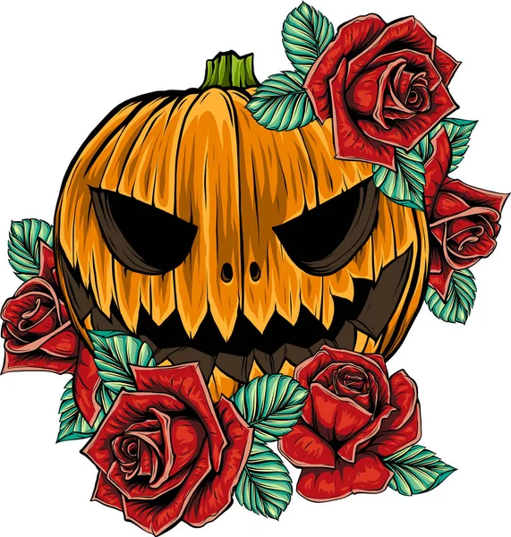 Zucca Con Rose Distressed Halloween Grunge Graphic Style Vettore — Vettoriale Stock