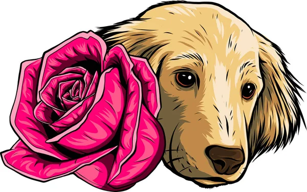 분홍색 장미를 강아지는 배경에서 고립되어 — 스톡 벡터