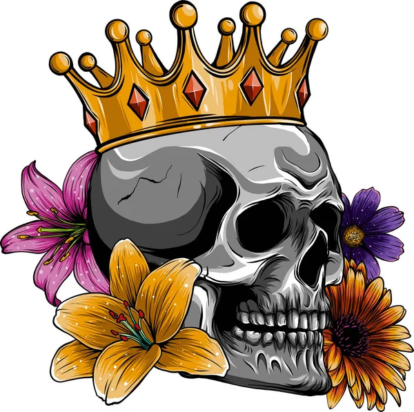 王冠と花のエレガントな花輪を持つ美しいロマンチックな頭蓋骨 高齢者のカードのヴィンテージの背景にインク 入れ墨ヴィンテージデザイン要素 ベクターイラスト — ストックベクタ