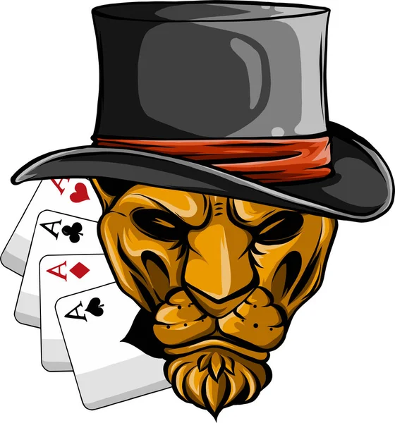 Ritratto Leone Bombetta Assi Poker Disegno Illustrazione Vettoriale — Vettoriale Stock