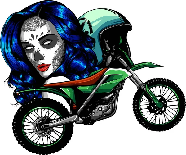 头戴头盔 头戴女帽的酷摩托车十字卡通片 白色背景上的矢量插图 数码手绘 — 图库矢量图片