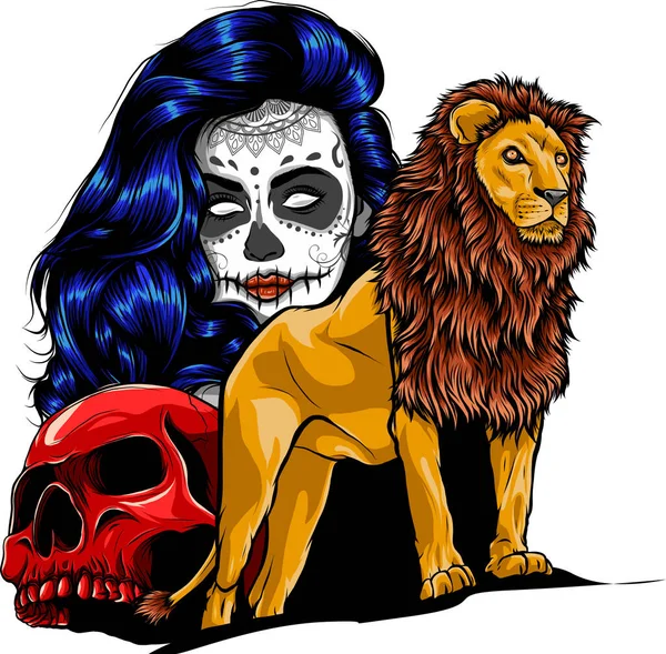 Lion Avec Crâne Fille Vecteur Illustration Sur Fond Blanc — Image vectorielle