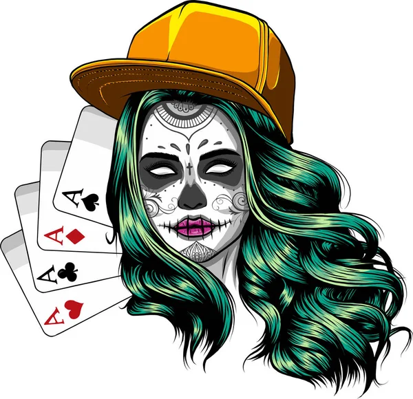 一个头戴王冠头戴扑克牌的女孩的例子 白色背景上的矢量 数码手绘 — 图库矢量图片