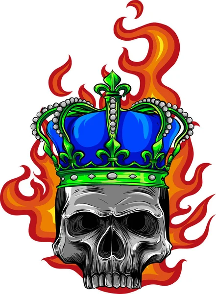 白色背景下带有火焰矢量图解设计的国王骷髅 — 图库矢量图片