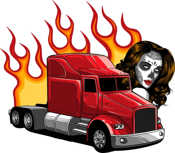 Caminhão Moderno Ilustração Vetor Queimar Com Cabeça Mulher Fundo Branco — Vetor de Stock