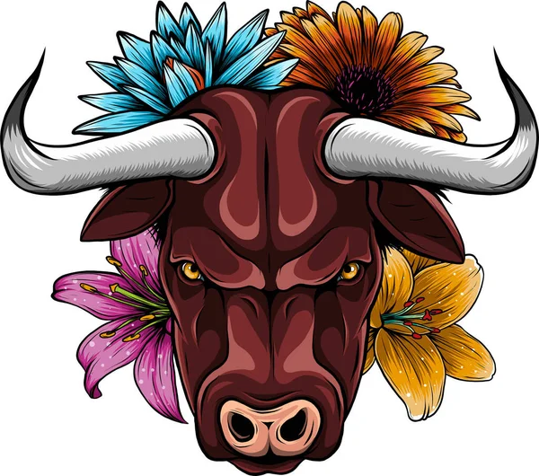 Head Bull Flower Vector Illustration White Background — Stock Vector