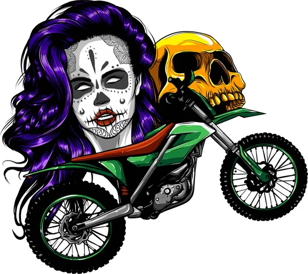 带有头骨和女人的摩托车十字卡通片 — 图库矢量图片