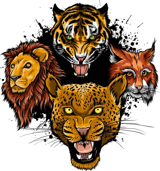 Cartoon Big Cats Vector Set Illustration Cougar Jaguar Leopard Lion — Stock Vector
