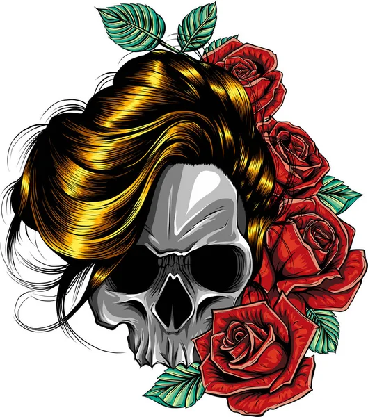 Mulher Crânio Com Rosas Vermelhas Verctor Ilustração Fundo Branco — Vetor de Stock