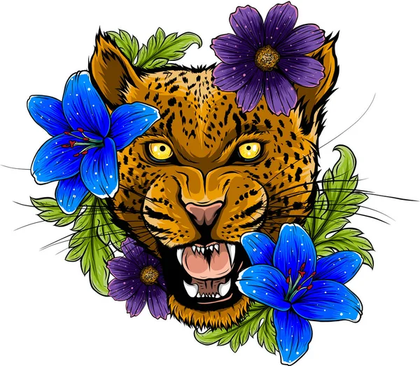 Leopardhuvud Med Färg Blomma Krans — Stock vektor
