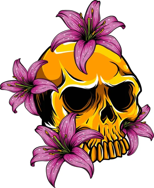 Crâne Humain Avec Des Fleurs Roses Dessin Numérique Vectoriel — Image vectorielle