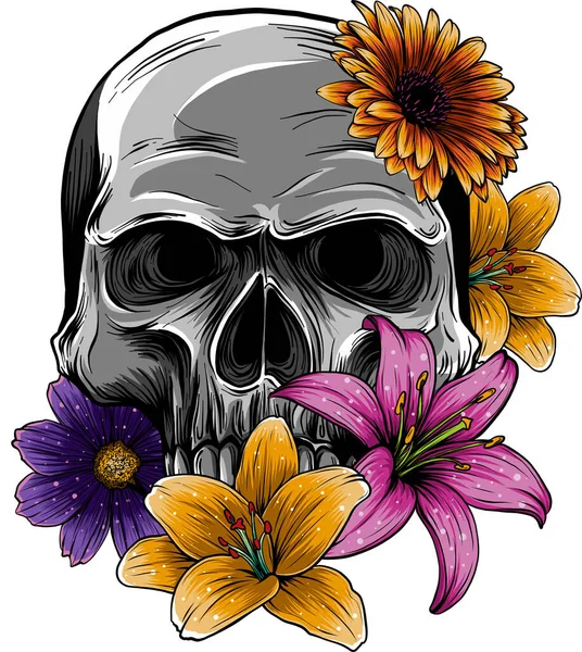 Crâne Humain Avec Des Fleurs Illustration Vectorielle Sur Fond Blanc — Image vectorielle