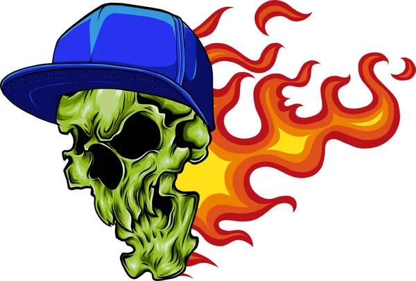 Skull Head Wearing Hat Flames Vector Illustration — Stock Vector