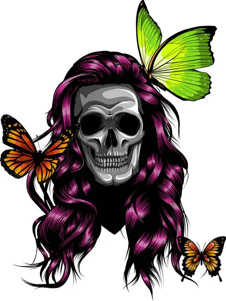 Kobieta Czaszka Różowymi Długimi Włosami Kolorowe Motyle Ręcznie Narysowane Białym — Wektor stockowy