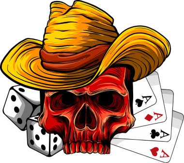 Poker ası ve zar dijital çekiliş ile kovboy kafatasının vektör çizimi