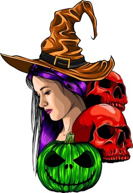 Beyaz arka planda kafatasları ve balkabağı olan bir cadı tasviri