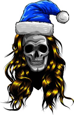 Noel Şapkalı Kafatası çizgi filmi. Basit gradyanlı vektör illüstrasyonu.