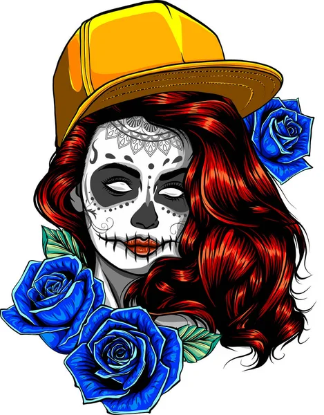 Vector Color Skull Woman Illustration White Background Digital Hand Draw — Stock Vector